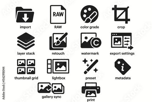 Photo editing icons: import, raw, color grade, layer stack, metadata