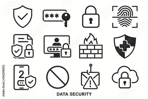 Data security icons: shield, key, lock, fingerprint, firewall, cloud