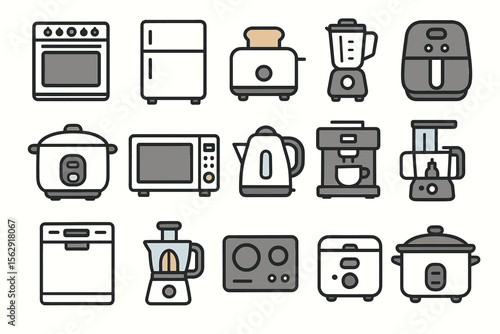 Collection of modern kitchen appliances - oven, toaster, blender, coffee maker, slow cooker