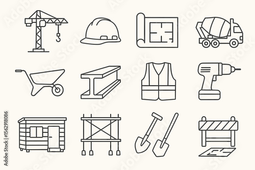 Construction tools and equipment icons: crane, helmet, wheelbarrow, concrete mixer
