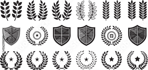 Heraldic Vector Graphics: Shields, Wreaths, Laurel Branches, and Stars - Royalty Free Clip Art for Design Projects and Emblems