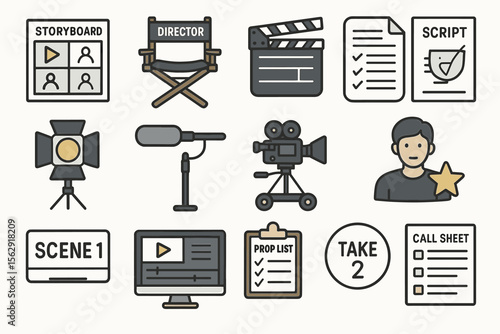 Film production icons: director chair, clapperboard, script, camera, microphone, editing tools