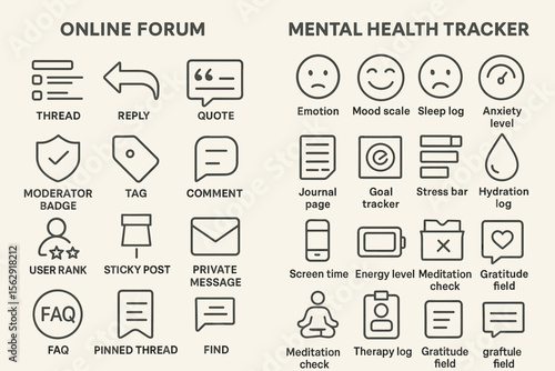 Online forum and mental health tracker icon set with thread and mood symbols
