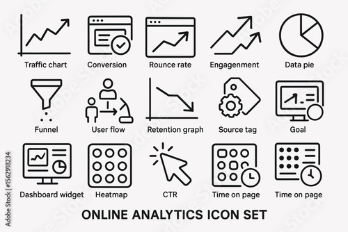 Online analytics icon set featuring traffic chart and more