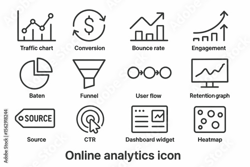 Online analytics icons set: traffic, conversion, funnel, ctr, engagement