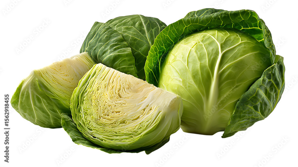 Fototapeta premium Fresh green cabbage heads and slices showing crisp layers isolated on transparent background