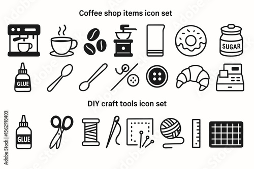 Coffee shop and diy craft tools icon set featuring cups, spoons, scissors, and more