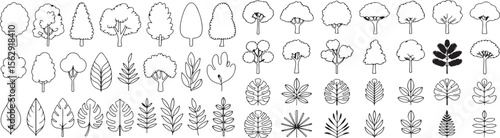 Tree and Leaf Icon Set: Minimalist Outline Vector Illustration of Nature, Forest, and Plant Elements for Graphic Design and Decoration
