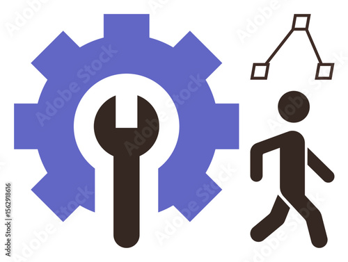 Gear and wrench symbolizing tools and mechanics, person walking for progress, flowchart hinting structured planning. Ideal for innovation, engineering, process workflow, teamwork, productivity