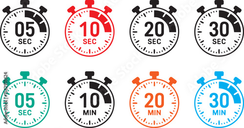 Stopwatch Timer Icons Set: Black, Red, Green, Orange, Blue. Time Measurement, Countdown Clocks, 5, 10, 20, 30 Seconds/Minutes. Vector Graphics