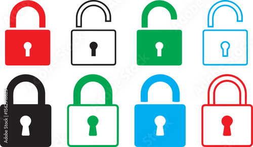 Colorful Padlock Icons: Vector Set of Security Locks, Open & Closed, Flat Design, Red, Green, Blue, Black, White Padlocks for Web & Graphic Design