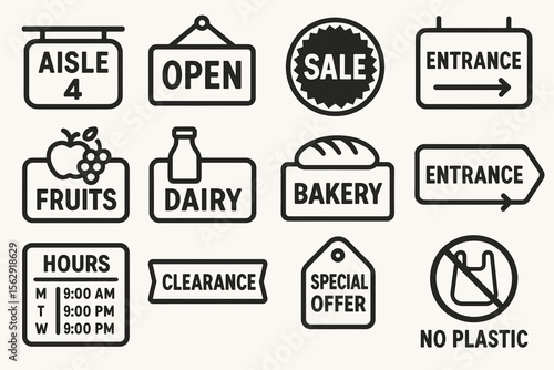 Set of retail store signage icons: aisle, open, sale, fruits, dairy, bakery, clearance, no plastic