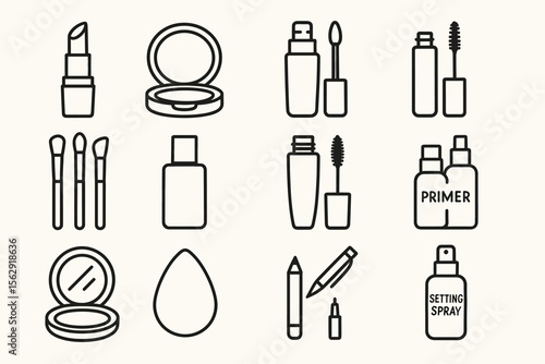 Minimalist makeup icon set: brushes, lipstick, primer, mascara, setting spray, more