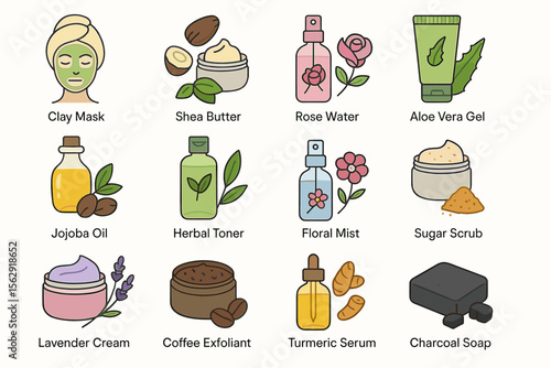 Natural skincare products: clay mask, shea butter, rose water, aloe vera gel, jojoba oil