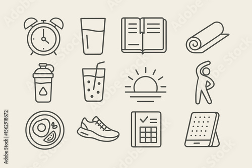 Minimalist icons representing healthy lifestyle and fitness routine elements