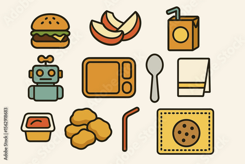 Illustrated fast food icons set featuring hamburger, apples, juice box, robot, and nuggets