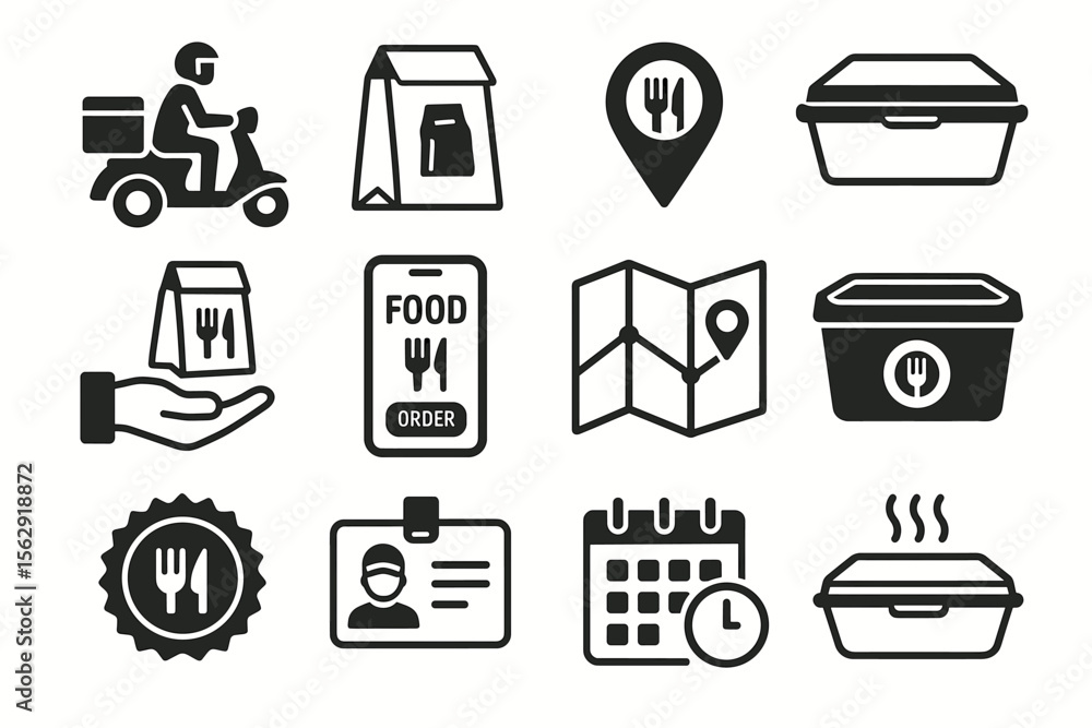 Food delivery icons: scooter, packaging, location, and order symbols in black and white Food delivery icons: scooter, packaging, location, and order symbols in black and white