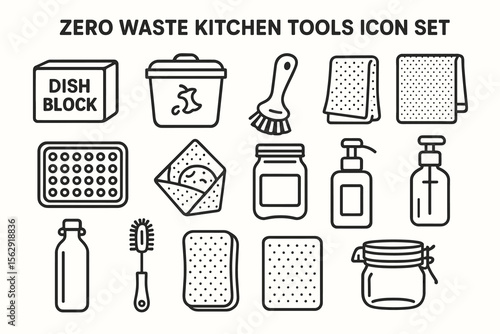 Zero waste kitchen tools icon set: eco-friendly cleaning and storage solutions