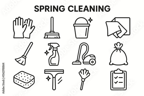 Spring cleaning essentials: tools and supplies icons for household tidying