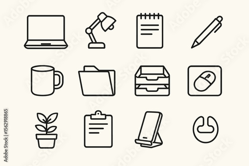 Office supplies icons: laptop, lamp, notebook, pen, mug, folder, tray, mouse, plant, clipboard, phone, bib