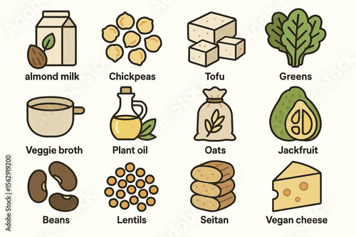 Plant-based foods: almond milk, chickpeas, tofu, greens, vegan cheese, and more