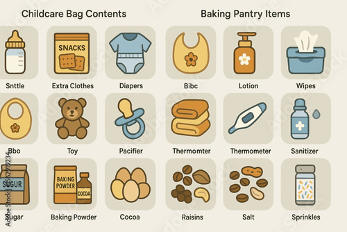 Childcare bag and baking pantry essentials illustrated guide