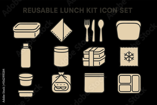 Reusable lunch kit icon set: containers, utensils, bottle, napkin, bento