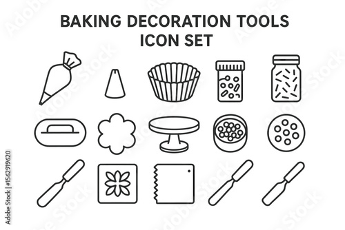 Baking decoration tools icon set with piping bag and cake stand