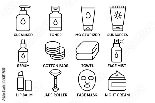 Skincare essentials icons: cleanser, toner, moisturizer, sunscreen, serum, accessories
