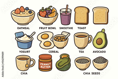 Breakfast essentials: oatmeal, smoothie, toast, avocado, peanut butter, cereal, tea, chia seeds