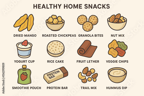 Healthy home snacks collection: dried mango, roasted chickpeas, granola bites, nut mix, yogurt cup