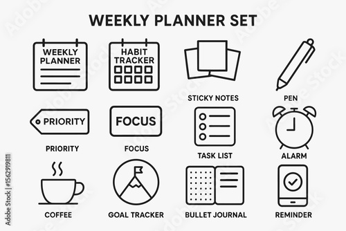 Weekly planner set with icons for habit tracking and time management