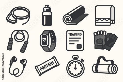 Fitness essentials: gym equipment icons for workout enthusiasts