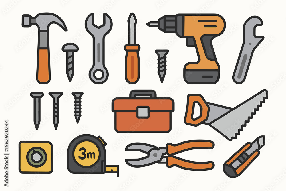 Illustrated collection of various hand tools and drill on white background Illustrated collection of various hand tools and drill on white background
