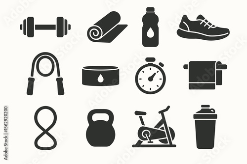 Icons: dumbbell, yoga mat, water bottle, running shoe, jump rope, timer, kettlebell, exercise bike