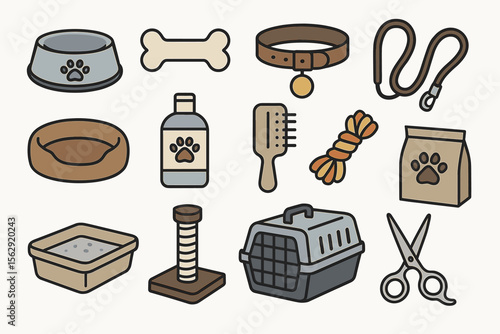 Essential pet accessories: bowls, toys, grooming tools, bedding, carrier, scratching post