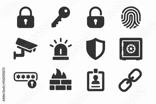 Set of security icons: lock, key, fingerprint, camera, safe, firewall, badge, chain