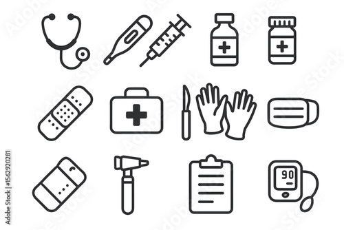 Essential medical equipment icons set with stethoscope, thermometer, bandages, and more