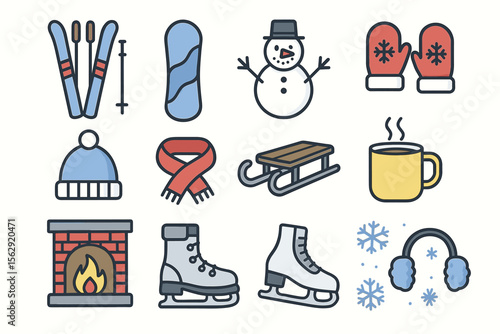 Winter activity icons: skiing, snowboarding, ice skating, snowman, and cozy accessories