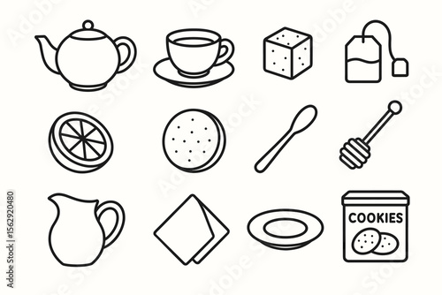 Tea time icons: teapot, cup, sugar, lemon, cookies, honey, spoon, napkin