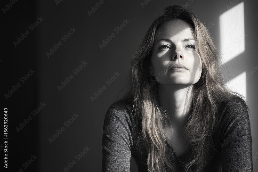 Thoughtful woman sits in a shadowed space contemplating while holding her chin, illuminated by soft light through a nearby window in an indoor setting Thoughtful woman sits in a shadowed space contemplating while holding her chin, illuminated by soft light through a nearby window in an indoor setting