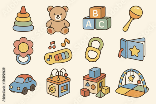Colorful baby toys collection with blocks, bear, and musical instruments for early learning fun