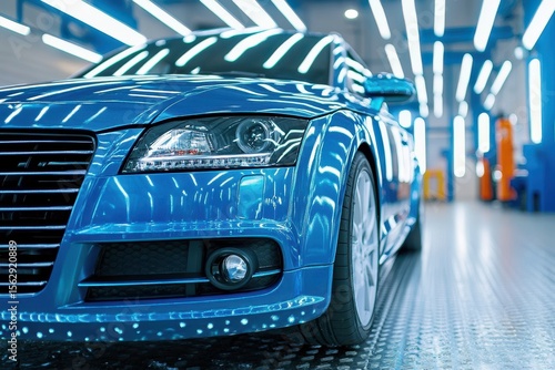 Automotive paint services showcase vibrant blue vehicle in well-lit auto body shop environment