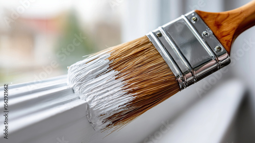 Fototapeta Naklejka Na Ścianę i Meble -  A contractor's paintbrush brushing glossy white paint onto wooden trim. The paint reflects soft daylight from a nearby window. The trim surface is ultra-smooth, with visible gleam