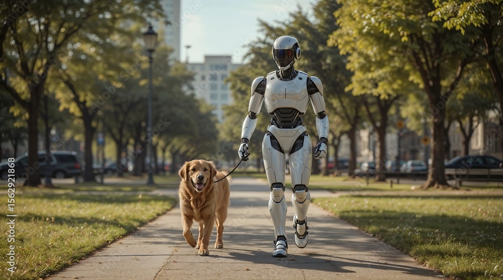 Naklejka premium AI Robot Walking a Dog in the Park