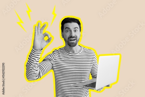 Happy man with laptop showi...