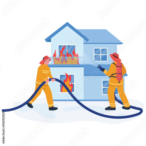 Emergency Services Illustration. Vector illustration of Firefighters extinguishing a blaze in a residential house using hoses. Isolated on background