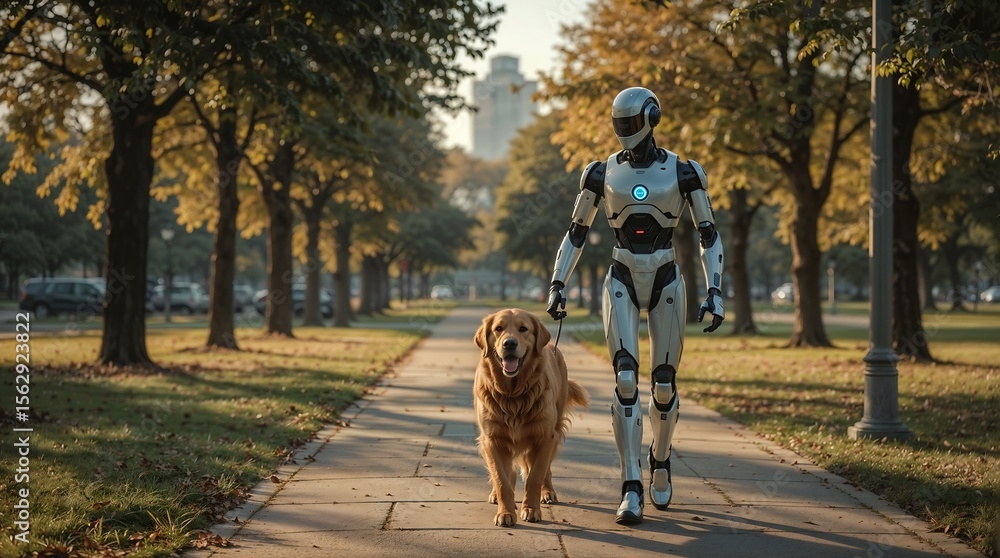 Fototapeta premium AI Robot Walking a Dog in the Park