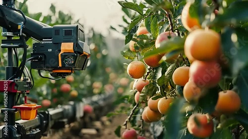 Robotic technology harvesting apples in a lush orchard with sunlight filtering through trees