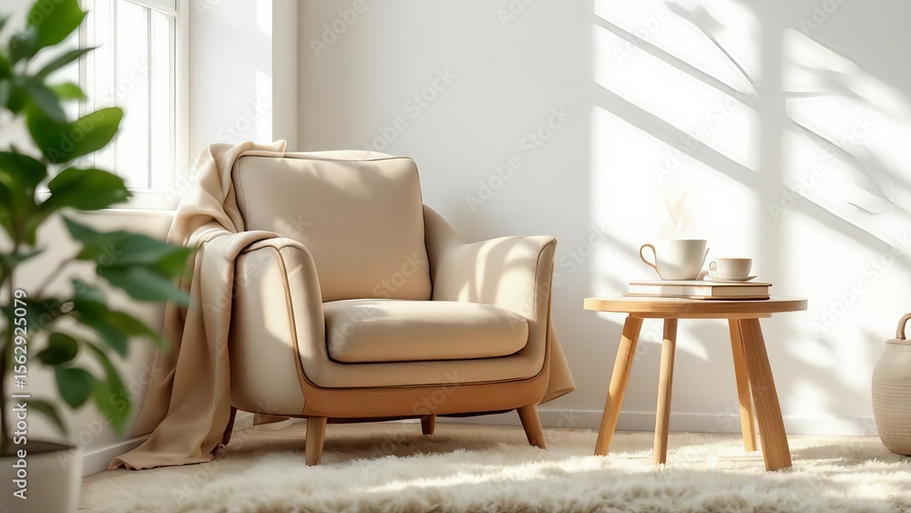 Fototapeta premium Cozy armchair with a draped blanket and side table with coffee isolated on white background